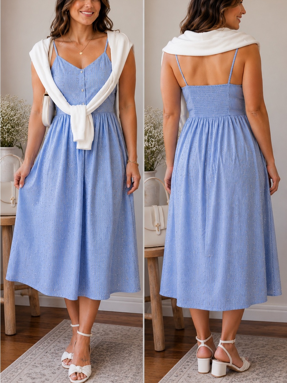 Blue & White Striped Faux Button-Front Dress (M)